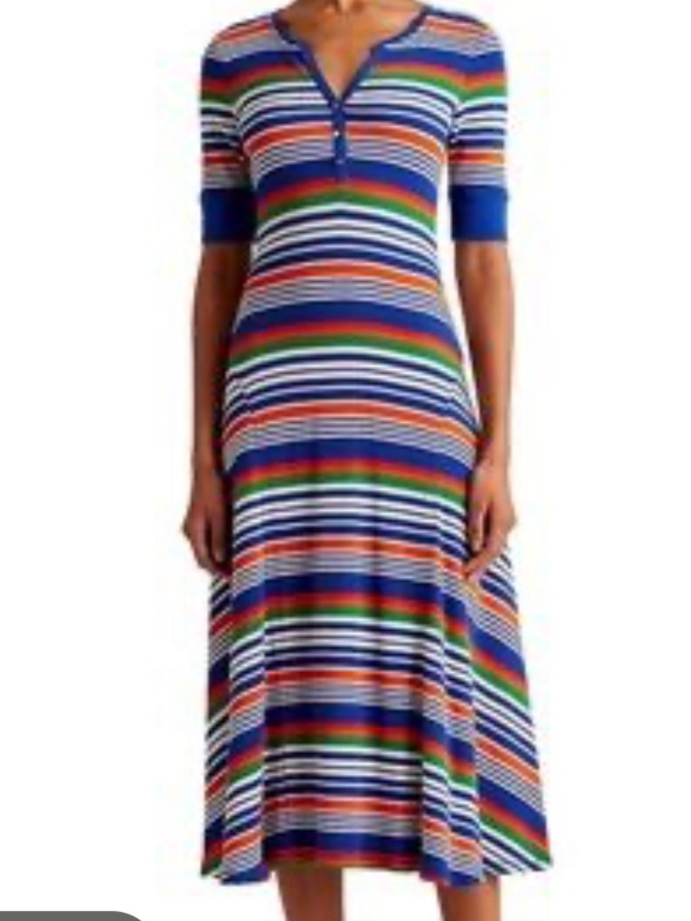 Ralph Lauren Blue Striped Cotton Knit Henley Midi Dress | S